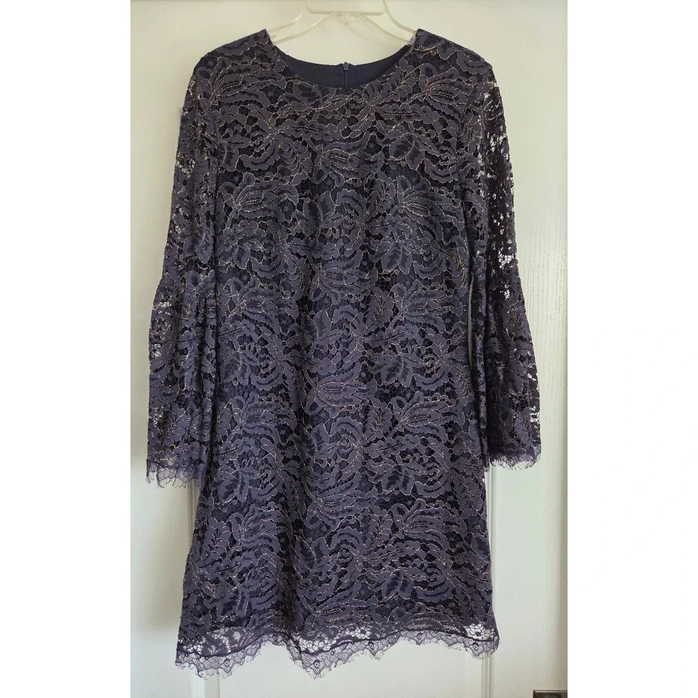 Dress The‎ Population Blue Lace Bell Sleeve Metallic Thread Dress Sz L Wedding